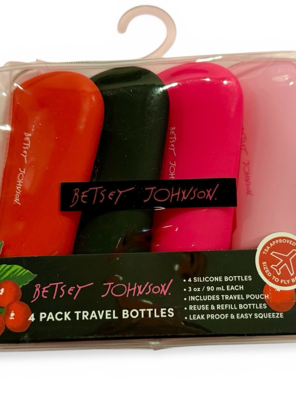 Betsey Johnson Silicone Travel Bottle Set - Orange, Black, Hot Pink, Light Pink